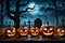 Pumpkin Ensemble: Halloween-Themed Still Life with Jack-o\\\'-Lanterns, Flickering Candles Casting Eerie Glows