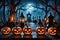 Pumpkin Ensemble: Halloween-Themed Still Life with Jack-o\\\'-Lanterns, Flickering Candles Casting Eerie Glows