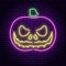 Pumpkin with eyes and an evil smile, purple neon sign. Against the background of a brick wall.