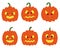 Pumpkin. Faces. Orange vegetable backlit. Vector set of illustrations. Isolated white background. Halloween symbol.