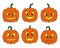 Pumpkin. Faces. Orange vegetable backlit. Vector set of illustrations. Isolated white background. Halloween symbol.