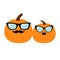 Pumpkin family love couple. Happy Halloween. Funny creepy smiling face. Lips and moustaches. Eyeglasses Sunglasses. Cute cartoon b