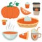 Pumpkin food set. Whole pie and slice, spice latte and soup, cupcake and jam. Autumn collection of pumpkins dishes. Colorful