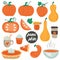 Pumpkin food set. Whole pie and slice, spice latte and soup, cupcake and jam. Autumn collection of pumpkins dishes. Colorful