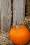 A pumpkin in front of a barn
