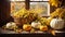 Pumpkin, grapes, autumn home banner old background harvest leaves decoration