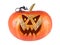 Pumpkin, halloween, jack-o-lantern out of figurine devil on white background with fiery flames in the eyes