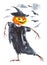 Pumpkin with hands of branches ,in a black cap and cloak dancing on Halloween. Bats fly over it.Watercolor illustration isolated