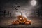 pumpkin head glows in the dark forest at night, scary and mystical, Halloween concept, the moon shines through the fog, black