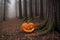 pumpkin head glows in the dark forest, scary and mystical, Halloween concept, roots of trees