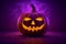 A pumpkin head with scary smile on a purple background. Jack-o-lantern with illuminated Halloween background