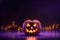 A pumpkin head with scary smile on a purple background. Jack-o-lantern with illuminated Halloween background