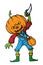 A pumpkin headed human holding knife on white background