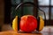 Pumpkin with headphones on wooden background. Headphones anti-noise worn on pumpkin. When you don\\\'t want to hear sounds