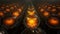 Pumpkin heads in rows on dark mirror floor