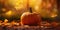 Pumpkin on a horizontal image with space for text. Photo on the theme of Halloween. Generative AI