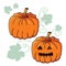 Pumpkin Jack With Carved Halloween Face, Leaves And Stables On White Background