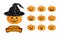 Pumpkin Jack Set. Happy Halloween lettering, evil smiling pumpkin in hat and pumpkins with different scary, funny faces