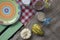 Pumpkin, jars with flour, buckwheat and rice, colored plate.