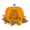 Pumpkin kisses and harvest wishes -autumnal funny text, with pumpkin and leaves