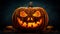 Pumpkin lantern glowing, spooky night, Halloween celebration, autumn decoration generated by AI