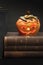 Pumpkin lantern for Halloween and the old witch books. Head carved from a pumpkin on Halloween. Pumpkin tradition.