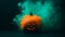 Pumpkin Lantern in Teal Smoke. Halloween Pumpkin with Green Bakcground. Smoky Pumpkin. Generative AI.