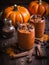 Pumpkin latte autumn image. Two indulgent chocolate and pumpkin smoothies showcased amidst an enchanting setup of pumpkins,