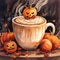 Pumpkin latte for Halloween with jack o lantern, generative AI
