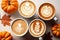Pumpkin lattes with latte art top view with little pumpkins, generative AI