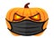 Pumpkin with medical mask for the holiday halloween, halloween pumpkin wear a black mask isolated on white, pumpkin wearing face