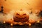 Pumpkin mystique 3D background melds cloud smoke, pumpkin podium for Halloween themed showcase