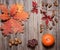 Pumpkin, nuts, acorns and autumn leaves on a old wooden table.