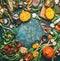 Pumpkin and Others organic harvest vegetables and ingredients with cooking spoon on rustic background, top view