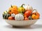 Pumpkin Palette: Vintage Ceramic Bowl with Multi-Colored Pumpkins on a Pure White Canvas