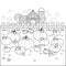 Pumpkin patch in the farm. Rural landscape with a pumpkin field and a farmhouse. Vector black and white coloring page.