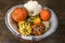 Pumpkin, patisson and jack be little in a decorative basket