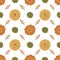 Pumpkin pattern top view. Cute decorative thanksgiving pumpkins, autumn harvest background, autumn berry. Fall