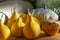 Pumpkin pear-shaped decorative. Autumn still life