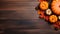 Pumpkin pie and gourds on brown table, flat lay with copyspace, top view, fall food, Thanksgiving cooking, banner