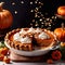 Pumpkin pie, traditional festive Thanksgiving baked dessert, dynamic bursting creative layout