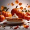 Pumpkin pie, traditional festive Thanksgiving baked dessert, dynamic bursting creative layout