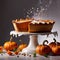 Pumpkin pie, traditional festive Thanksgiving baked dessert, dynamic bursting creative layout