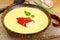 Pumpkin-Potato Puree Cream Soup with Roasted Bell Pepper and Goa