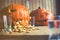 Pumpkin puking with pumpkin seeds on wood table, vodka, vintage effect