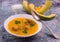 Pumpkin puree soup with cream and garlic croutons. Close-up.