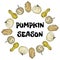 Pumpkin season decorative wreath banner with cute colorful pumpkins. Fall harvest postcard