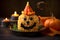 A pumpkin-shaped Rice Krispies treat sculpted to perfection and adorned with candy corn features.GenerativeAI.