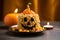 A pumpkin-shaped Rice Krispies treat sculpted to perfection and adorned with candy corn features.GenerativeAI.