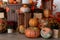 Pumpkin shop. Pumpkins in baskets and boxes. Many different pumpkins for sale. Concept of autumn, harvest and